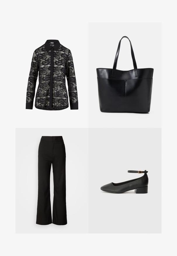 Čierna čipkovaná košeľa s golierom, zdobená kvetinovým vzorom, so zapínaním na gombíky vpredu a dlhými rukávmi s jednofarebnými čiernymi manžetami.; Čierne široké nohavice s hladkou textúrou, vysokým pásom a jednoduchým dizajnom. Žiadne viditeľné vrecká ani ozdoby.; Čierne kožené lodičky s špicatou špičkou a nízkym blokovým podpätkom. Obsahuje remienok okolo členka so zlatým prackou. Hladký povrch.; Čierna kožená tote taška s dvoma dlhými rúčkami, hladkým povrchom a štruktúrovaným tvarom. Obsahuje prednú kapsu pre dodatočné uskladnenie.