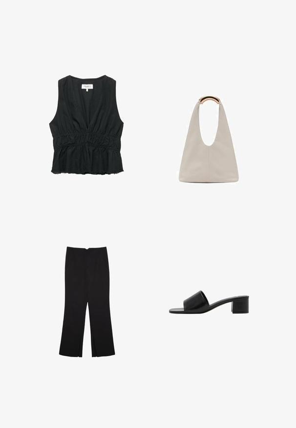 Čierny bezrukávový top s hlbokým výstrihom do V a zhrnutým pásom. Vyrobený z jemnej látky, so splývavým lemom a nerovnými okrajmi.; Čierne nohavice so strihom rovného strihu, s prednými vreckami a bočnými rozparkami na leme. Vyrobené z mäkkej, hladkej tkaniny. Vhodné na rôzne príležitosti.; Čierne kožené sandále s otvorenou špičkou, širokým pásikom a pevným blokovým podpätkom. Majú hladký povrch a minimálny dizajn.; Svetlosivá kožená taška s U-tvarom a zakrivenou kovovou rukoväťou. Hladký povrch s minimálnym prešívaním a bez viditeľných vzorov.