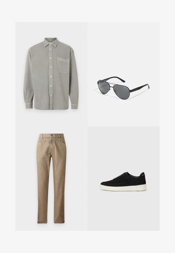Srajca z dolgimi rokavi iz sivega bombaža, z gumbi spredaj, ostrim ovratnikom in eno žepom na prsih. Mehka tekstura z udobnim krojem.; Bež hlače ravnega kroja s sprednjimi žepi, zankami za pas in gumbom za zapiranje na enobarvni beli podlagi.; Črni semiš teniški copati z vezalkami in kontrastnim belim gumijastim podplatom. Imajo teksturirane stranske panele in subtilno oznako na peti.; Črne aviatorske sončna očala s temnimi lečami, tankim kovinskim okvirjem in vitkimi plastičnimi ročaji z logotipnimi detajli.