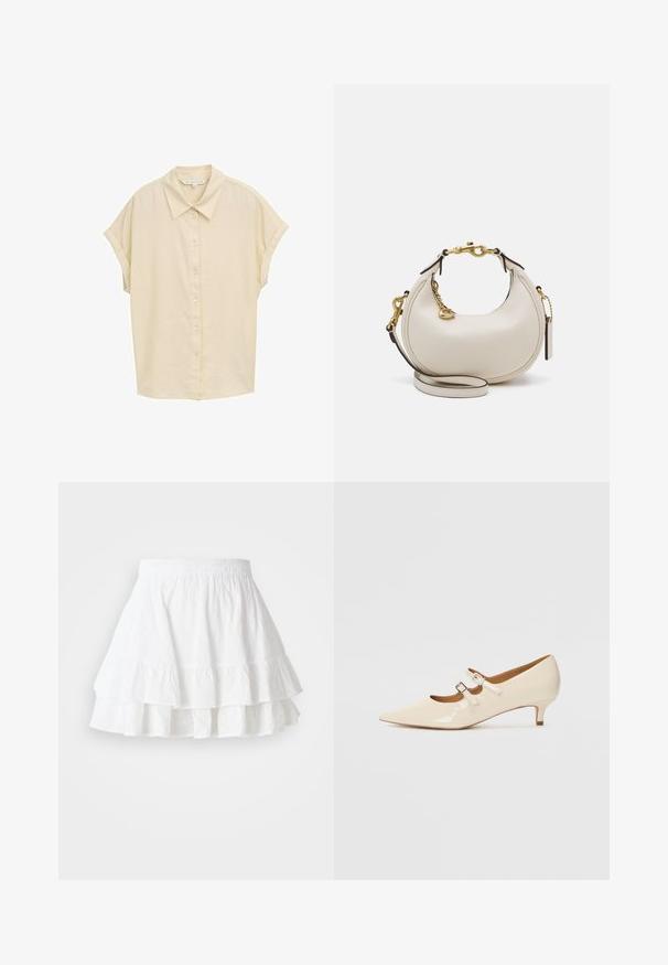 Korte mouw, knoopshirt in lichtbeige. Beschikt over een klassieke kraag, zachte textuur en een ontspannen pasvorm. De knopen zijn wit. Eenvoudig ontwerp.; Witte laagjesrok gemaakt van lichtgewicht stof met een oogjespatroon en een gerimpelde zoom. Voorzien van een elastische tailleband voor comfort.; Beige gepatineerde leren Mary Jane-schoenen met twee verstelbare gespen, spitse neus en een lage hak. Gladde textuur met een glanzende afwerking.; Crème leren handtas met een halve maan vorm, gouden hardware, zwarte accenten en een afneembare schouderband. Heeft een kettingdetail en label.; Goudkleurige oorbellen set met drie paar: textuur ovalen studs, golvende ontwerp studs en grote ring oorbellen met gelaagde ribbels.