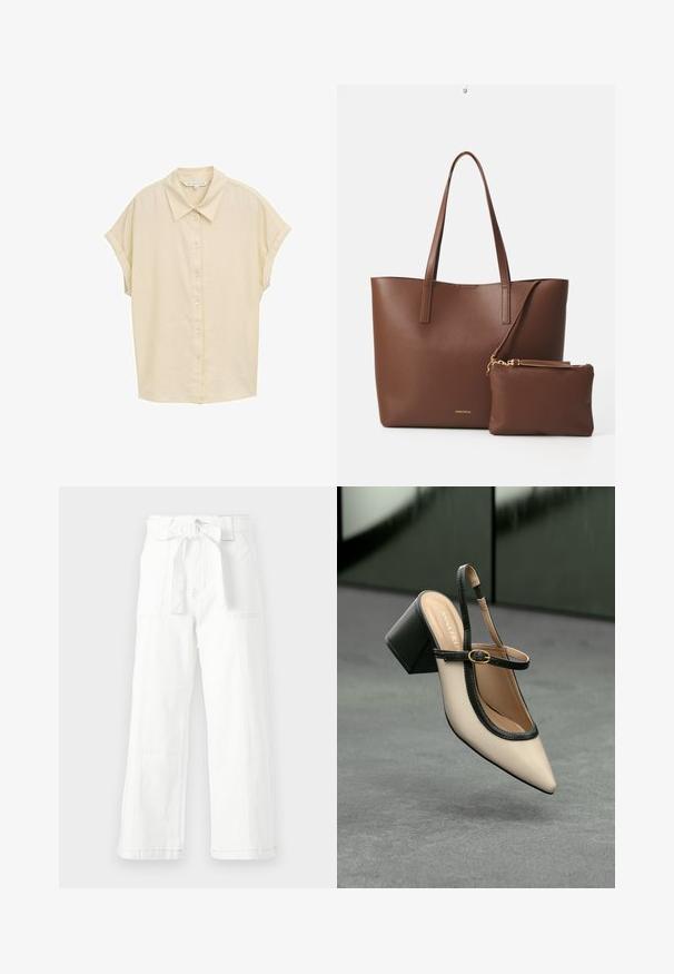 Kurzärmeliges, knöpfbares Hemd in hellbeige. Verfügt über einen klassischen Kragen, eine weiche Textur und eine lässige Passform. Die Knöpfe sind weiß. Schlichtes Design.; Weiße Baumwollhose mit weitem Bein, ausgestattet mit einem Front-Bindebund, Seitentaschen und sichtbaren Nähdetails.; Beiger Slingback-Pumps mit spitz zulaufender Schuhspitze, schwarzem Besatz und Schnallendetail. Glattes Material mit matter Oberfläche, mittelhoher Blockabsatz.; Braune Handtasche aus Kunstleder mit zwei langen Griffen und einem passenden kleinen Beutel. Die Oberfläche weist ein strukturiertes Muster und goldene Hardware-Akzente auf.