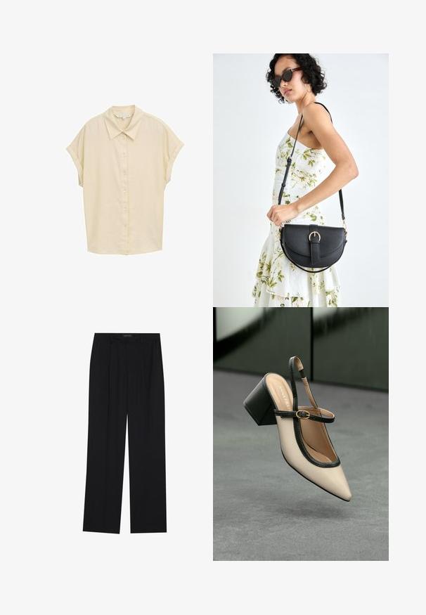 Košulja kratkih rukava s dugmadi u svijetloj bež boji. Ima klasičan kragna, meku teksturu i opušteni kroj. Dugmad su bijela. Jednostavan dizajn.; Crne hlače ravnog kroja, s dva prednja džepa i pojasom. Izrađene od glatkog, laganog materijala.; Bež sandala s visokim potpeticama, otvorenom petom, šiljastim vrhom, crnim rubom i detaljem kopče. Glatki materijal s mat završnom obradom, srednja blok potpetica.; Crna kožna torba s lukovitim oblikom, odvojivim remenom i zlatnim detaljima. Torba ima preklop s kopčom.