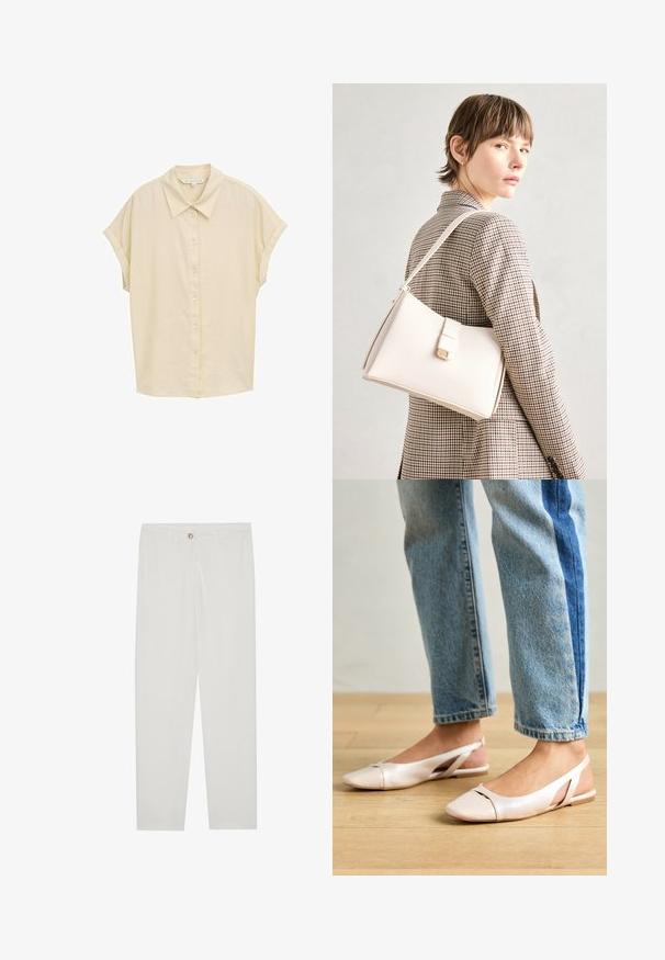 Camicia a maniche corte, con bottoni, di colore beige chiaro. Presenta un colletto classico, una texture morbida e una vestibilità rilassata. I bottoni sono bianchi. Design semplice.; Pantaloni bianchi su misura con design a gamba dritta, dotati di chiusura a bottone, passanti per cintura e tasche laterali; tessuto morbido.; Ballerine slingback rosa pallido con punta affusolata, realizzate in un materiale simile alla pelle liscio. Presentano dettagli a taglio sui lati e un tacco piatto.; Borsa a mano in pelle bianca con un design strutturato, presente di un clasp magnetico e una tracolla, esposta su uno sfondo neutro.