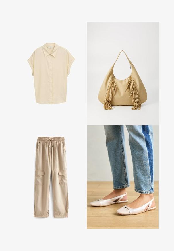 Kurzärmeliges, knöpfbares Hemd in hellbeige. Verfügt über einen klassischen Kragen, eine weiche Textur und eine lässige Passform. Die Knöpfe sind weiß. Schlichtes Design.; Beige Cargo-Hosen aus leichtem Stoff, mit einem elastischen Bund, Kordelzug und mehreren großen Fronttaschen.; Blassrosa Slingback-Ballerinas mit spitzem Punkt, aus einem glatten, lederähnlichen Material. Mit Ausschnitten an den Seiten und einem flachen Absatz.; Hellbraune Wildleder-Umhängetasche mit großem Öffnungsbereich und langen Fransenakzenten an beiden Seiten, verfügt über eine glatte Textur und einen einzelnen Tragegriff.