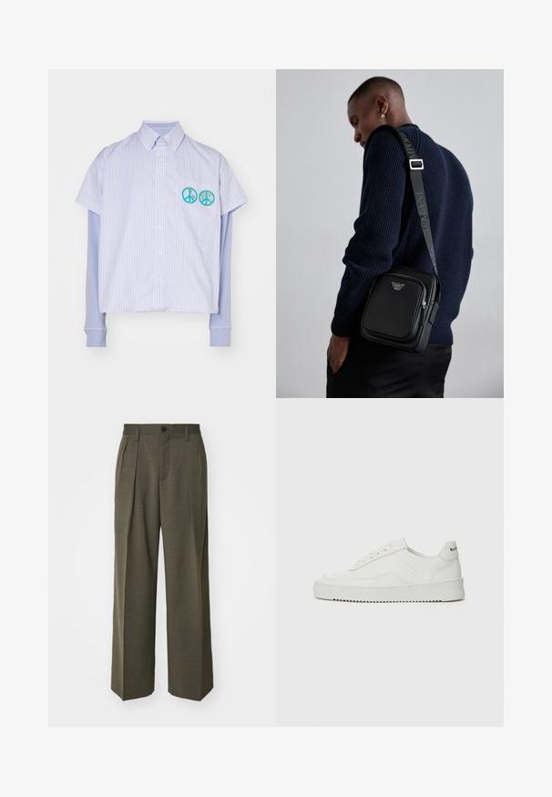 Krátky rukáv košeľa na gombíky v svetlom modrom a bielom prúžku s kratším strihom. Obsahuje dve vyšívané tyrkysové symboly pokoja.; Filippa K WIDE TROUSERS - Nohavice - driftwood; Biele kožené tenisky s hladkým povrchom, okrúly špičkový dizajn, ploché šnúrky a textúrovaná podrážka. Obsahujú jemné logo na päte.; Čierna kožená kabelka cez telo s uzatvárateľnou priehradkou, detailom loga a nastaviteľným popruhom s nápisom značky. Nosená proti textúrovanej námorníckej svetri.
