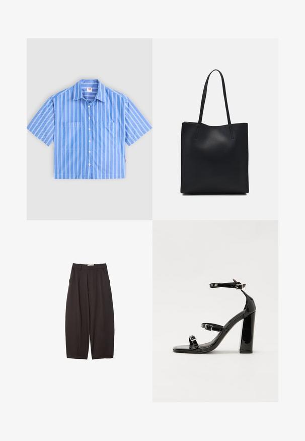 Modra kratka majica s kratkimi rokavi in gumbi z belimi navpičnimi črtami. Ima dva sprednja žepa in koničast ovratnik. Narejena je iz lahkega materiala.; Črne široke hlače iz gladkega materiala, z visokim pasom, zgornjimi pregibi in stranskimi žepi. Preprost dizajn brez okrasnih elementov.; Črne lakirane sandale s peto, kvadratnim prstom, trakovi okrog gležnja in srebrnimi zaponkami. Opremljene so s stabilno Debelo peto.; Črna usnjena torba s svilnato teksturo, pravokotne oblike in dvema dolgima ročajema. Brez vidnih metalnih delov ali okrasnih elementov.