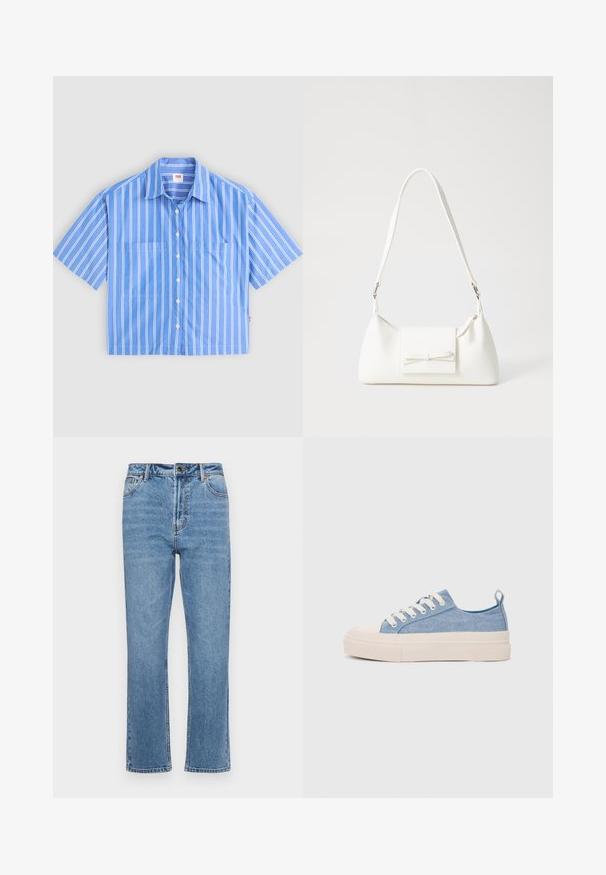 Sinine lühikeste varrukatega nööbiga särk valgete vertikaalsete triipudega. Omab kahte esist taskut ja teravat kraed. Valmistatud kergest kangast.; Heledad sinine denim püksid, sirge jala lõikega, viie taskuga disain, esiosa nööbiga kinnitamine ja riidel kerge kulum.; Heledad sinised kangast tennisekingad koorevärvi kummist varbakatte ja taldaga, millel on valged paelad ja tõmblukk kandadel.; Valge sünteetilisest materjalist kott kolmnurkse kujuga, lame esiklapiga ja kaaredetailiga, reguleeritava rihmaga, sileda tekstuuriga ja minimalistliku disainiga.