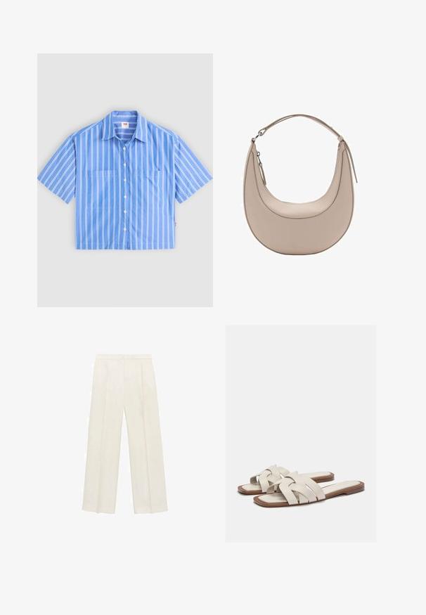Camicia a maniche corte blu con bottoni e strisce verticali bianche. Presenta due tasche frontali e un colletto a punta. Realizzata in un tessuto leggero.; Pantaloni a gamba larga di un leggero colore crema. Realizzati in un tessuto morbido con pieghe sul davanti e tasche laterali.; Infradito beige chiaro con cinturini intrecciati, dotati di suola piatta e design minimalista. Texture liscia con accenti di colore a contrasto delicati.; Borsa a spalla in pelle beige con forma a mezzaluna, texture liscia e un'unica maniglia curva. Presenta una chiusura con zip e cuciture curate.