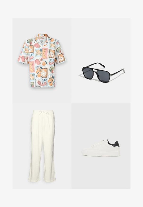 Camisa de manga curta, com colarinho, feita de um tecido leve, apresentando um estampado de frutas multicoloridas com carimbos, predominantemente em tons pastéis.; Calças de linho em off-white com um cós elástico, pernas ligeiramente largas e acabamentos dobrados para um ajuste descontraído. Sem bolsos.; Sapatilhas brancas de couro com padrão em relevo, entressola texturizada branca e detalhe em preto no calcanhar. Apresentam ponta arredondada e atacadores planos.; Óculos de sol pretos com armação octogonal, lentes escuras, acabamento brilhante, hastes finas e detalhes em dourado na parte frontal.