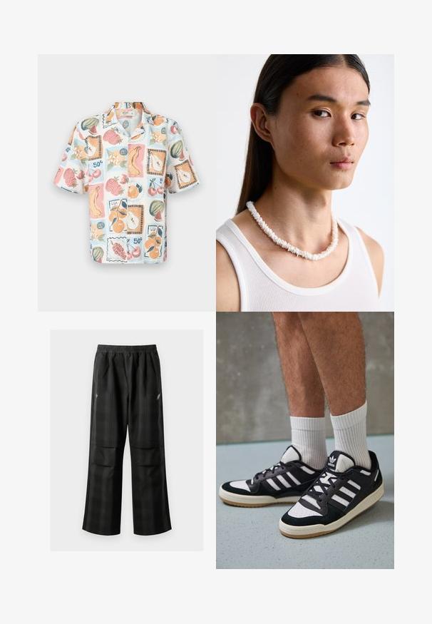 Rövid ujjú, galléros ing könnyű anyagból, több színben pompázó gyümölcsnyomatokkal és bélyegekkel, főként pasztell árnyalatokban.; Fekete kockás nadrág, rugalmas derékkal, két elülső zsebbel és laza, egyenes szárú fazonnal. Könnyű anyagból készült.; Fekete-fehér tornacipők velúr és bőr felsőrésszel, három fehér csíkkal, perforált orral és gumi talppal.; Fehér kagyló nyaklánc, amely szabálytalan formákból áll, egy testre simuló fehér ujjatlan felső felett viselve. Simára polírozott textúra, finom fényességgel, szoros illeszkedésű kialakítással.