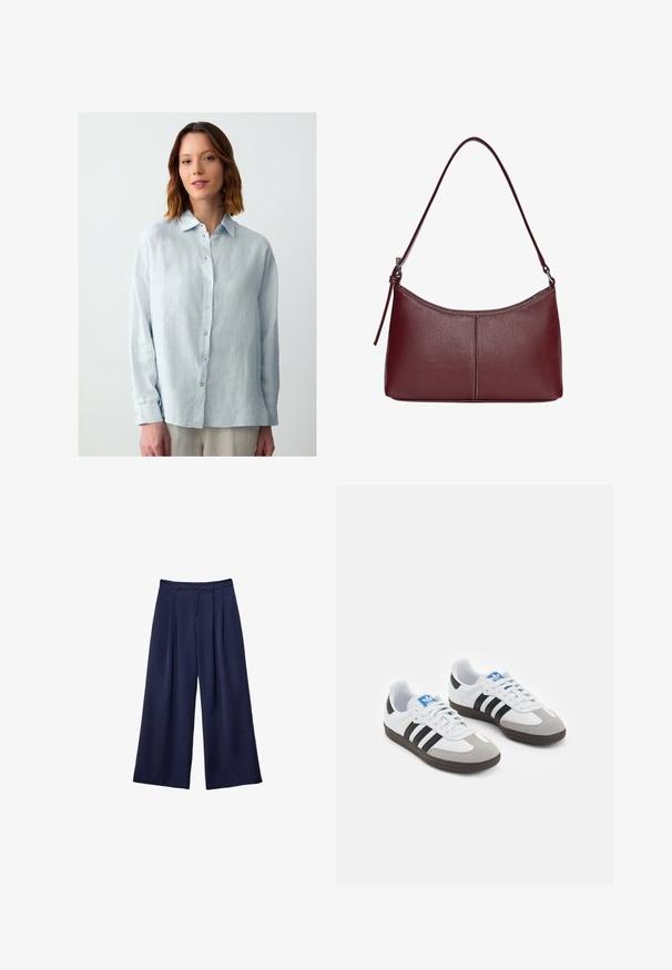 Camicia button-up di colore azzurro chiaro, con maniche lunghe, realizzata in tessuto testurizzato, con colletto e leggera lucentezza; presenta bottoni abbinati.; Pantaloni a gamba larga blu navy con pieghe, vita con bottoni e passanti per cintura, mostrati distesi su uno sfondo bianco.; Scarpe sportive con tomaia in pelle bianca, punta in suede grigia e tre strisce nere. Presentano un logo blu sulla linguetta e una suola in gomma testurizzata.; Borsa a tracolla in pelle bordeaux con forma curvata, una sola tracolla e dettagli cuciti al centro. Texture liscia, hardware minimale.
