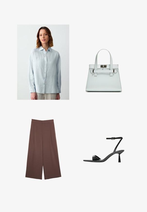 Lichtblauw, overhemd met lange mouwen en knopen, gemaakt van een gestructureerde stof met een kraag en subtiele glans; voorzien van bijpassende knopen.; Bruine wijde broek met een gladde textuur, voorzien van een hoge taille en plooien aan de voorkant. De stof is lichtgewicht en valt losjes.; Bershka Sandalen met hoge hak - black; Lichtblauwe handtas met gestructureerd ontwerp, twee handvatten en een zilverkleurige slot. Getextureerd materiaal en scherpe hoeken.