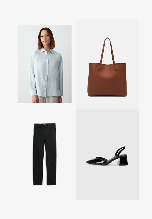 Lichtblauw, overhemd met lange mouwen en knopen, gemaakt van een gestructureerde stof met een kraag en subtiele glans; voorzien van bijpassende knopen.; Zwarte denimbroek met een recht silhouet, vijf zakken, metalen knoopsluiting en subtiele stikdetails. Gladde textuur.; Zwarte gepatineerde leren slingback hakken met een spitse neus en een geometrische blokhak. Kenmerkt zich door een slank, minimalistisch ontwerp en een gladde textuur.; Bruine leren tote bag met een gladde textuur, een ontwerp met een open bovenkant en twee schouderbanden. Kenmerkt zich door minimale stiksels en geen zichtbare hardware.