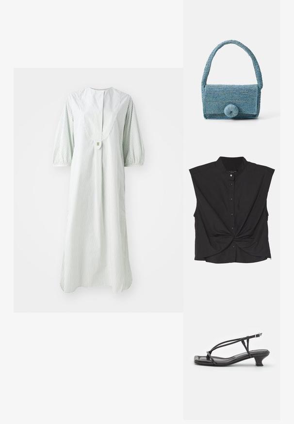 Black button-up top with a stand collar, short sleeves, twisted front design, and a smooth, lightweight fabric.; Striped dress in light green and white, featuring a round neckline, short puff sleeves, and a button closure at the back.; Black leather sandal with thin straps, low block heel, and square toe. Features a buckle closure and smooth texture.; Woven blue handbag with a textured surface, rectangular shape, short handle, and a large round closure detail on the front.