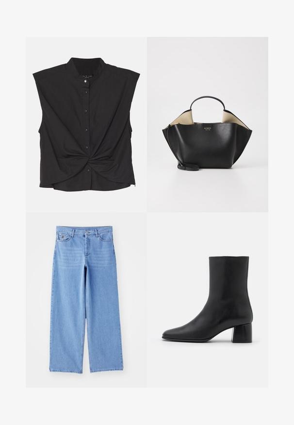 Juodas marškinėlis su stovinčiu apykaklės kraštu, trumpomis rankovėmis, sukta priekyje ir švelniu, lengvu audiniu.; Šviesiai mėlyni plačių kojų džinsai pagaminti iš denimo, turintys klasikinį penkių kišenių dizainą ir mygtukų užtraukimą. Lygi tekstūra, nutrintas apatinis kraštas.; Juodas odinis kulkšninis botas su smailiu pirštu ir masyviu kvadratiniu kulnu. Lygus paviršius be siūlių ir minimalizmu išsiskiriantis dizainas.; Ree Projects ANN TOTE MINI - Rankinė - black; Sidabriniai perlų auskarai su kreivai suformuota pupelės forma. Lygus, blizgus paviršius, uždaromi segtuku ir atgaline fiksacija.