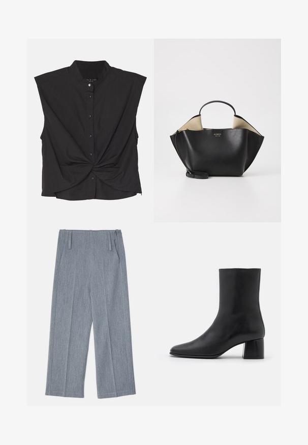Cămașă neagră cu guler înalt, mâneci scurte, design cu față răsucită și un material neted, ușor.; Pantaloni gri deschis, cu picioare largi, dintr-un material texturat, având două plii frontale și două buzunare laterale. Design curat, croit.; Botine negre din piele, cu vârf ascuțit și toc pătrat masiv. Textură netedă, cu un design fără cusături și cusături minimaliste.; Ree Projects ANN TOTE MINI - Geantă de mână - black