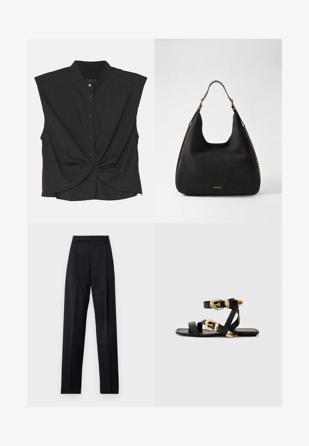 Melnas pogas kreklu ar stāvu apkakli, īsām piedurknēm, savērpšanas priekšpusi un gludu, vieglu audumu.; Melnas bikses, izgatavotas no gludas auduma, ar augstu vidukli, platiem bikšu galdniekiem, priekšējiem krokām un klasiskām jostu cilpām. Sānu kabatas nav redzamas.; Melni ādas sandales ar zelta sprādzēm, ar vairākām siksnām un plakanu zoli, piemērotas valkāšanai ar atvērtu purngala.; MICHAEL Michael Kors NOLITA HOBO  - Rokassoma - black