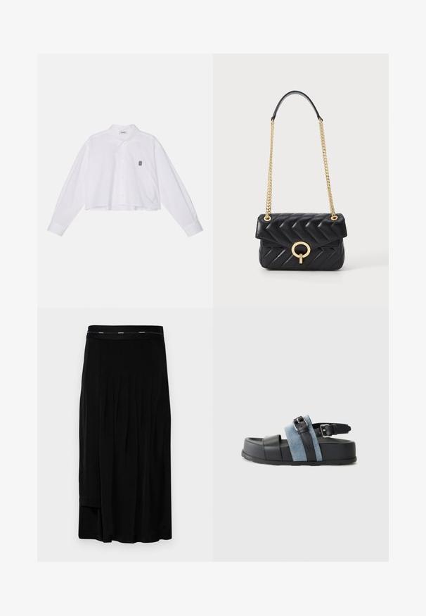 Witte, cropped blouse met lange mouwen, voorzien van een klassieke kraag en een klein zwart geborduurd logo op de linkerborst.; Zwarte midi-rok met plooien, een gladde textuur en een brede tailleband met een subtiel merkembleem. Eenvoudig ontwerp en een vloerlange snit.; Zwarte en blauwe sandaal met een dikke plateauzool, van leer en denim, verstelbare gesp en open teenontwerp.; Zwarte, gewatteerde leren handtas met een gouden kettingriem, voorzien van een ronde gouden sluiting en een flap sluiting. Compacte rechthoekige vorm.