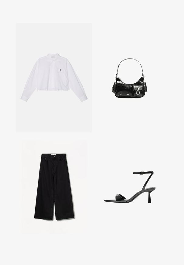 Weißes, kurzes Button-Down-Shirt mit langen Ärmeln, ausgestattet mit einem klassischen Kragen und einem kleinen, schwarzen, gestickten Logo auf der linken Brust.; Bershka WIDE-LEG - Wide Leg - black; Bershka High Heel Sandalette - black; Schwarze Lackleder-Handtasche mit geschwungenem Design, einem Schulterriemen, Vordertaschen und silberfarbenen Hardware-Akzenten.