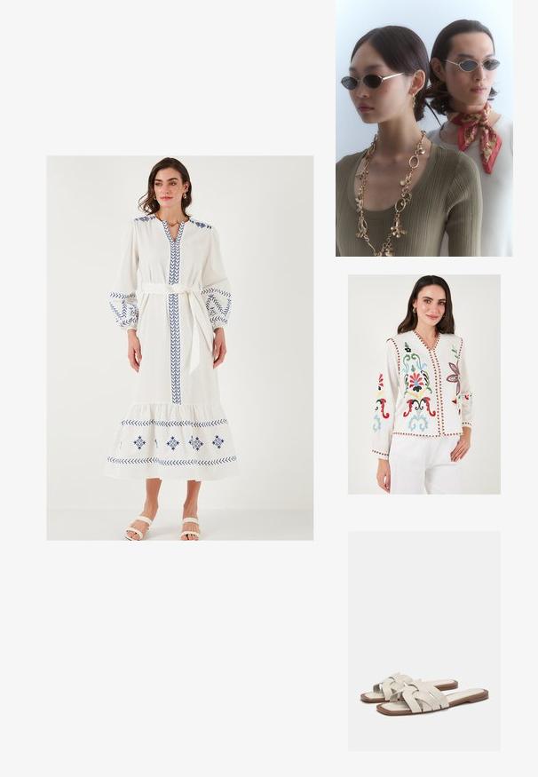 Blouse blanche brodée avec des motifs floraux colorés, décolleté en V, manches longues et bordures décoratives rouges le long des bords.; Robe longue blanche avec des motifs brodés bleus, des manches ballons, un décolleté en V et une taille nouée. Présente un ourlet en couches et une texture douce.; Sandales à glissière beige clair avec des brides tissées, présentant une semelle plate et un design minimaliste. Texture lisse avec des accents de contraste de couleur subtils.; Des lunettes de soleil rondes avec des verres foncés et des montures argentées fines. Une personne porte un collier en chaîne doré, tandis qu'une autre a un foulard à motifs rouges.; Sac à main en paille tissée de couleur beige clair, doté d'une forme incurvée, d'une fermeture à fermoir et d'une bandoulière en chaîne dorée. Surface texturée avec un motif en diamant.
