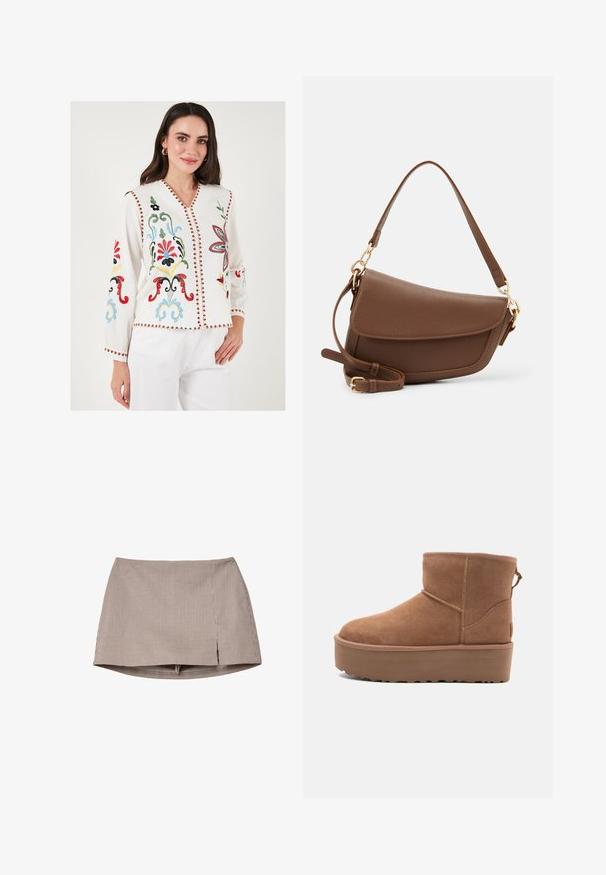 Bela vezenina s cvetličnimi vzorci, V-izrezom, dolgimi rokavi in dekorativnim rdečim obrobo ob robovih.; Rjava in bela majhna karirana mini krilo z zarezo spredaj, prikazano ležeče na belem ozadju.; Bela antilopova gležnjača s platformom, okruglim vrhom i dekorativnim šavovima; ima uvučenu petlju straga za lakše oblačenje.; Brah zlatna usnjena torba za rame z teksturirano površino, ukrivljeno obliko, zlatim okovjem, nastavljivim trakom in pokrovom.