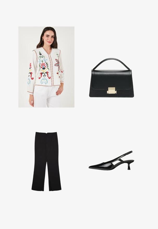 Weiße bestickte Bluse mit bunten Blumenmustern, V-Ausschnitt, langen Ärmeln und dekorativem roten Saum entlang der Kanten.; Schwarze Hose mit geradem Schnitt, ausgestattet mit Fronttaschen und Seitenschlitzen am Saum. Hergestellt aus weichem, glattem Stoff. Geeignet für verschiedene Anlässe.; Schwarze Lackleder-Slingback-High Heels mit spitzer Zehenform, ausgeschnittenem Seitendesign und kleinem Blockabsatz. Glatte Textur mit minimalen Akzenten.; Schwarze Lederhandtasche mit strukturiertem Design, oberem Griff und einem goldenen Metallschnappverschluss auf der Vorderseite. Glatte Textur, minimale Nähte.