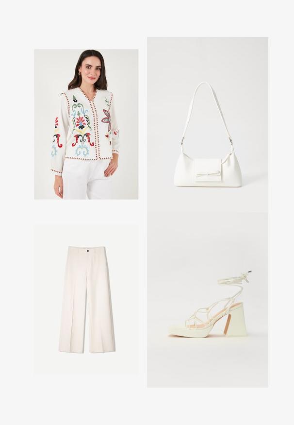 White embroidered blouse with colorful floral patterns, V-neckline, long sleeves, and decorative red trim along the edges.; Cream wide-leg trousers with a tailored design, featuring two front pockets and a single front button closure, made from smooth fabric.; White high-heeled sandal with a chunky heel, featuring a strappy design and ankle tie. Smooth texture with a platform front for added height.; White synthetic handbag with a triangular shape, flat front flap and bow detail, adjustable strap, smooth texture, and minimalistic design.