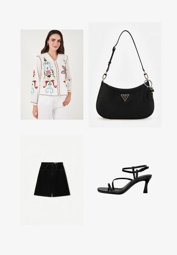 Biała haftowana bluzka z kolorowymi kwiatowymi wzorami, dekoltem w serek, długimi rękawami i dekoracyjnym czerwonym wykończeniem wzdłuż brzegów.; Czarne szorty dżinsowe o luźnym kroju, z pięcioma kieszeniami, żółtymi przeszyciami i średnim stanem.; Czarne skórzane sandały na obcasie z cienkimi paskami, kwadratowym noskiem i szpilką. Regulowany pasek na kostce dla lepszego dopasowania. Gładka tekstura.; Czarna syntetyczna torba na ramię o zaokrąglonym kształcie, z teksturowanym wykończeniem, złotym logo w kształcie trójkąta i odczepianymi akcentami ze sprzętu.