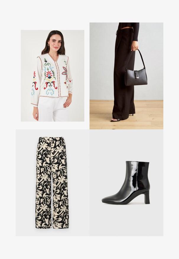 Weiße bestickte Bluse mit bunten Blumenmustern, V-Ausschnitt, langen Ärmeln und dekorativem roten Saum entlang der Kanten.; Schwarze weit geschnittene Hose mit einem cremefarbenen Blumenmuster. Hergestellt aus leichtem Stoff, mit einer glatten Textur und einem hohen Bund.; Schwarzer Lackleder-Stiefelette mit spitzer Zehe und einem mittelhohen Blockabsatz. Glatte Textur und minimalistisches Design.; Schwarze Handtasche mit strukturierter Form, glatter Textur und einem metallischen Verschluss. Kombiniert mit weiten schwarzen Hosen und offenen Sandalen auf einem Holzboden.