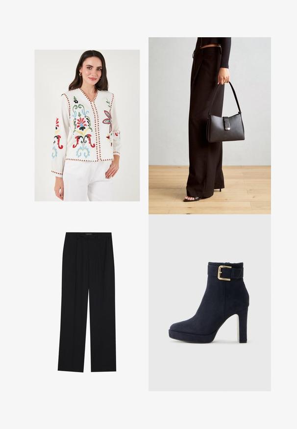 Witte geborduurde blouse met kleurrijke bloemenpatronen, V-hals, lange mouwen en decoratieve rode rand langs de randen.; Zwarte broeken met een rechte pijpontwerp, voorzien van twee voorkanten zakken en een tailleband. Gemaakt van een gladde, lichte stof.; Zwarte suède enkellaarsjes met hoge hak, voorzien van een gouden gespsluiting en een chunky hak, tegen een witte achtergrond.; Zwarte handtas met gestructureerde vorm, gladde textuur en een metalen sluiting. Gecombineerd met brede zwarte broeken en sandalen met open teen op een houten vloer.
