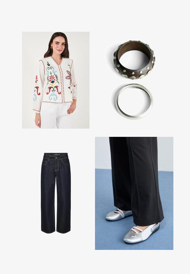 Bílé vyšívané tričko s barevnými květinovými vzory, výstřihem do V, dlouhými rukávy a dekorativním červeným lemem podél okrajů.; Tmavě modré džíny s širokými nohavicemi a stahovací šňůrkou v pase, s kontrastním prošíváním, předními kapsami a mírně volným střihem.; Stříbrné a bílé ploché boty s křížovými pásky a texturovaným detailem, doplněné volnými černými kalhotami. Umístěno na modré podlaze.; Dřevěný prsten s kovovými hroty, tmavě hnědé barvy, s texturovaným povrchem. Hladký stříbrný prsten, jednoduchý design.