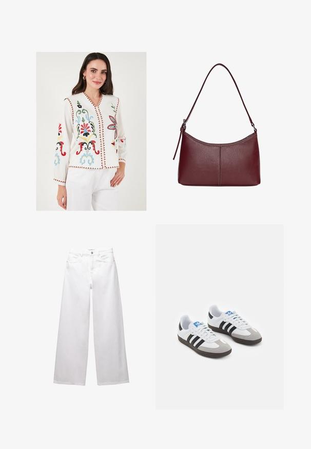 Hvid broderet bluse med farverige blomsterprint, V-udskæring, lange ærmer og dekorativ rød kant langs kanterne.; Hvide brede ben jeans lavet af denim. Har knaplukning, front- og baglommer samt syede sømme. Glat tekstur med minimal detaljering.; Sportsko med en overdel i hvid læder, grå ruskind på tåen og tre sorte striber. Har et blåt logo på tungen og en struktureret gummisål.; Kastanjebrun læderhåndtaske med en buet form, en enkelt skulderrem og syninger i midten. Glat tekstur, minimal hardware.