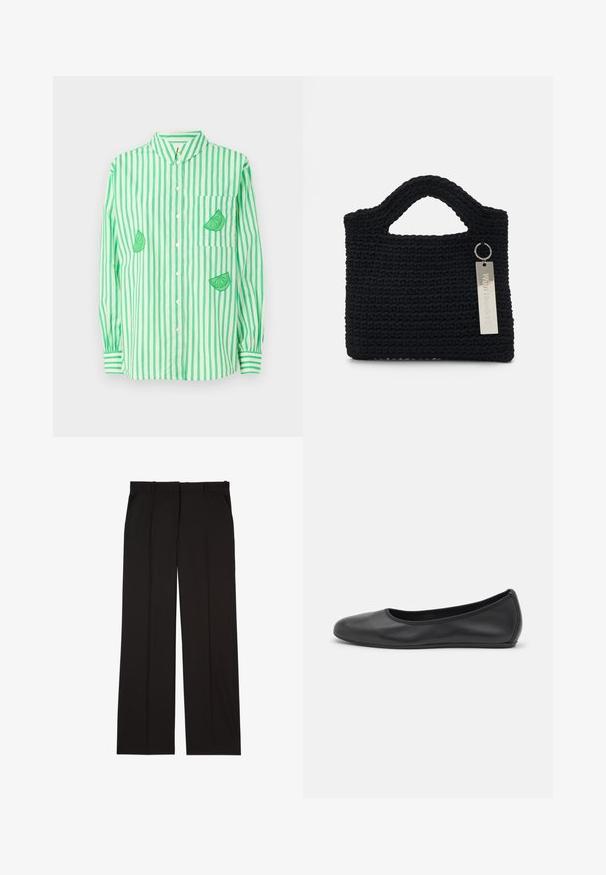 Camicia a maniche lunghe a righe verdi e bianche con colletto, caratterizzata da ricamo di fetta di lime sul lato sinistro del petto e due sezioni aggiuntive.; Pantaloni neri su misura realizzati in un tessuto liscio, con un design a gamba dritta e due tasche laterali. Costruzione elegante e minimalista.; Pantofole da balletto nere in pelle con punta arrotondata, texture liscia, dettagli di cucitura minimi e design con suola flessibile.; Won Hundred MARSIELLE COMPUTER BAG UNISEX - Borsa porta PC - black