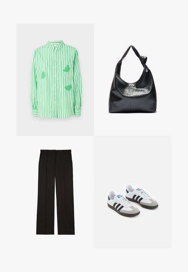 Grün-weiß gestreiftes Langarmhemd mit Kragen, das auf der linken Brust eine Limettenscheiben-Stickerei und zwei zusätzliche Abschnitte aufweist.; Schwarze, maßgeschneiderte Hosen aus einem glatten Stoff, mit geradem Bein und zwei Seitentaschen. Elegante und minimalistische Konstruktion.; Sportschuhe mit einem Obermaterial aus weißem Leder, grauer Wildleder-Zehenkappe und drei schwarzen Streifen. Sie verfügen über ein blaues Logo auf der Zunge und eine strukturierte Gummisohle.; Schwarze gewebte Lederhandtasche mit lässigem Design, ausgestattet mit einem geknoteten Trageriemen und einem kleinen dekorativen goldenen Nagel am oberen Rand.