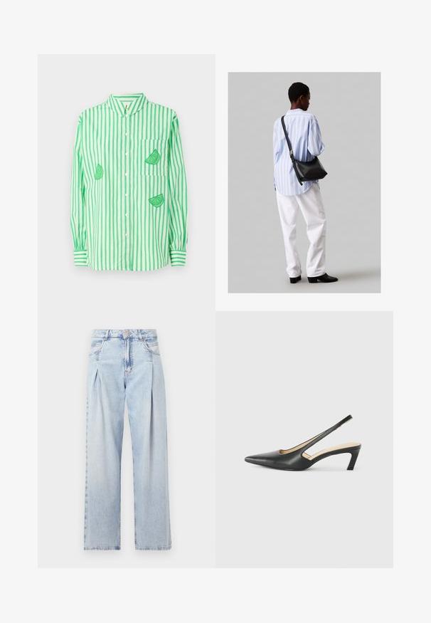 Cămașă cu dungi verzi și albe, cu mâneci lungi și guler, având broderie cu felii de lime pe pieptul stâng și două secțiuni suplimentare.; Jeans din denim albastru deschis cu talie înaltă, croială evazată, două buzunare laterale și un design pliat. Textură moale cu un finisaj decolorat.; Pantof cu toc mic, cu vârf ascuțit și slingback, realizat din piele netedă, având un design decupat pe lateral pentru respirabilitate.; Geantă de umăr din piele neagră cu o textură moale, formă triunghiulară și curea ajustabilă, asortată cu o bluză cu dungi albastre deschise și pantaloni albi.