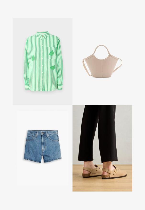 Cămașă cu dungi verzi și albe, cu mâneci lungi și guler, având broderie cu felii de lime pe pieptul stâng și două secțiuni suplimentare.; Șorturi din denim de culoare albastră deschisă, cu cinci buzunare, fermoar și închidere cu bătaie. Marginile sunt desfăcute, având un design confortabil.; Saboti Bej Birkenstock cu talpă din plută, curele ajustabile cu catarame și decupaje laterale, purtați cu pantaloni negri, lejeri, pe podea din lemn.; Geantă de mână bej din piele cu o formă unică, dotată cu două mânere scurte și o curea lungă ajustabilă. Textură netedă, cu hardware minim.
