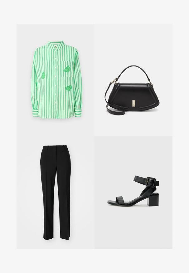 Green and white striped long-sleeve shirt with a collar, featuring lime slice embroidery on the left chest and two additional sections.; Black tailored trousers with a straight-leg design, featuring a smooth texture and crisp creases along the front. No visible hardware.; Black leather heeled sandal with adjustable ankle strap, open toe design, and a square block heel. Smooth texture, minimalistic style.; Black leather handbag with a structured design, featuring a cropped shape, top handle, and gold hardware accent. Adjustable shoulder strap included.