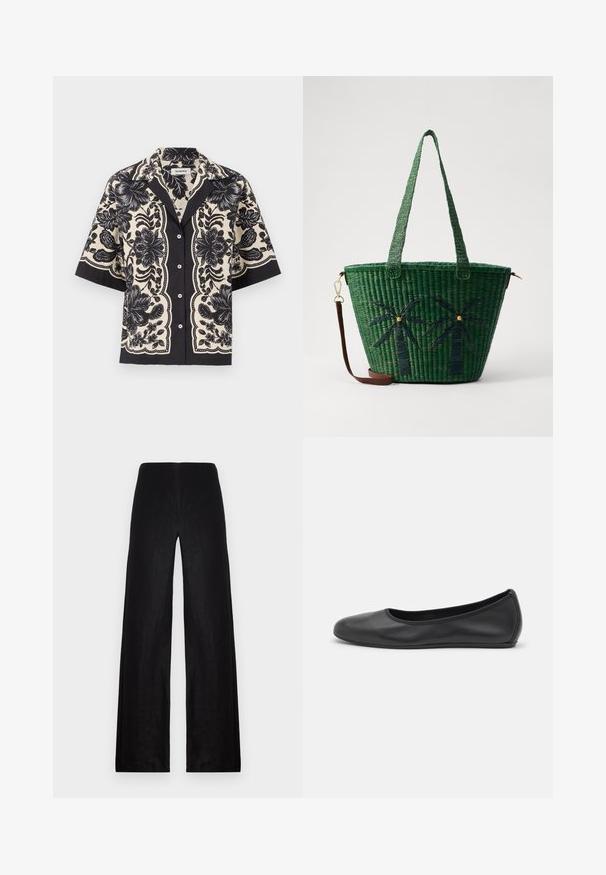 sandro CHEMISE - Camicia - ecru/noir; Pantaloni larghi neri realizzati in tessuto leggero. Presentano un vita alta, una texture liscia e linee pulite senza tasche o decorazioni.; Pantofole da balletto nere in pelle con punta arrotondata, texture liscia, dettagli di cucitura minimi e design con suola flessibile.; Borsa a rete verde con design di palme in verde scuro; presenta due manici e una tracolla staccabile in pelle marrone.