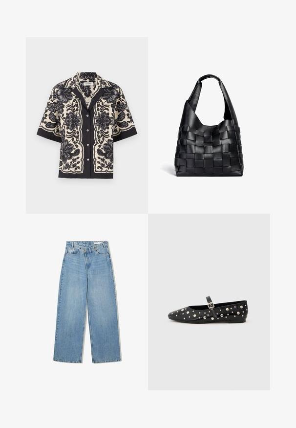 sandro CHEMISE - Košilová halenka - ecru/noir; Světlé modré široké džínové kalhoty vyrobené z denimu, s vysokým pasem, pěti kapsami, knoflíkovým zapínáním a jemným vyblednutím pro texturu.; Černé kožené baletky s špičatou špičkou, zdobené stříbrnými cvočky a boční přezkou. Texturovaný povrch s plochou podrážkou.; Černá kožená tkaná taška s uvolněným tvarem a širokým ramenním popruhem. Má texturovaný, propletený design s hladkým povrchem.