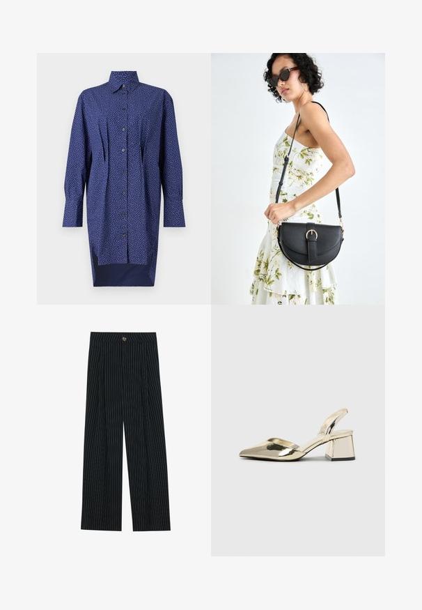 Navy blue long shirt dress, button-down front, white dotted pattern, collared neck, long sleeves, side slits at hem, cotton material.; Black pinstriped wide-leg trousers made of textured fabric, featuring a front button closure and pleated design for added interest.; Gold, metallic slingback heels with a pointed toe and chunky heel. Smooth texture, minimalistic design, and a narrow strap.; Black leather handbag with a curved shape, detachable strap, and gold hardware. The bag features a flap with a buckle detail.; Gold-tone metal earring with a sleek, curved design. Features a distinctive pointed shape, polished surface, and hinge closure.