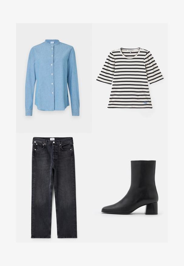 Hemd aus hellblauem Denim-Stoff. Verfügt über einen runden Kragen, lange Ärmel und perlmuttfarbene Knöpfe auf der Vorderseite.; Gestreiftes T-Shirt in Creme und Marineblau, mit kurzen Ärmeln, geripptem Textur, rundem Ausschnitt und einem kleinen blauen Logo-Detail in der Nähe des Saums.; Schwarze Jeans aus Denim mit geradem Schnitt, fünf Taschen, silbernen Beschlägen und einer leicht verwaschenen Textur. Klassisches Design mit minimalen Details.; Schwarze Leder-Ankle-Boots mit spitzer Zehenpartie und einem klobigen, quadratischen Absatz. Glatte Textur mit nahtlosem Design und minimalistischem Nähen.