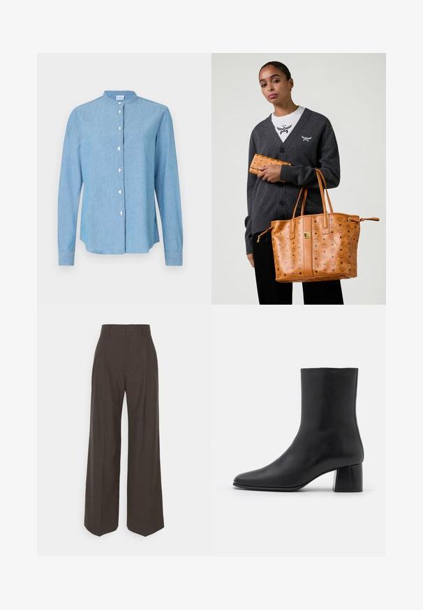 Chemise en denim bleu clair à boutons, dotée d'un col rond, de manches longues et de boutons perlés sur le devant.; Pantalons larges marron foncé à taille haute, avec des plis soigneusement marqués, une texture lisse et une coupe ajustée.; Bottine en cuir noir avec un bout pointu et un talon carré épais. Texture lisse avec un design sans coutures et descoutures minimalistes.; Femme portant un cardigan gris foncé et une chemise blanche, tenant un sac fourre-tout en cuir tan et un portefeuille assorti avec l'imprimé logo.