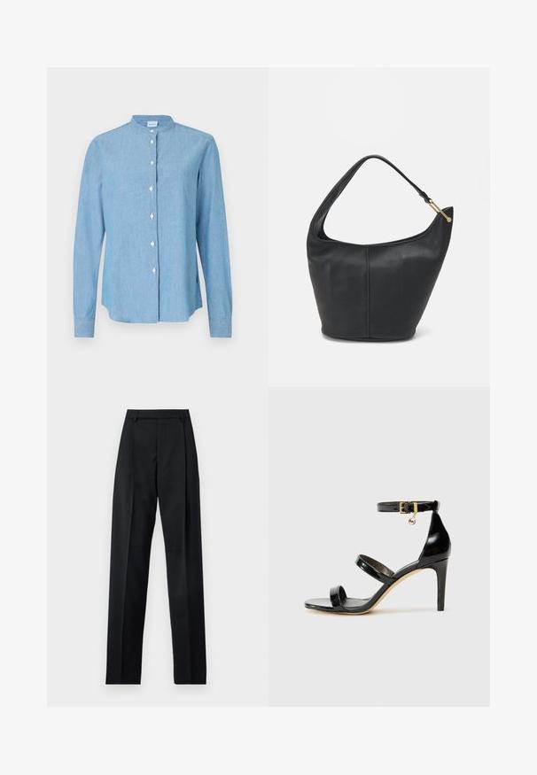 Camisa azul claro abotonada hecha de tela de denims. Presenta un cuello redondo, mangas largas y botones perlados en la parte delantera.; Pantalones negros de tela suave con cintura alta, piernas amplias, pliegues frontales y lazos de cinturón clásicos. No hay bolsillos laterales visibles.; Sandalia de charol negro con tres correas, hebilla en el tobillo y tacón de aguja de 10 cm. Presenta detalles de hardware en oro y un charm con el logo.; Bolso de cuero negro con forma redondeada, un strap ancho y un acabado texturizado. Presenta un sutil detalle de costura y un acento de hardware en tono dorado.