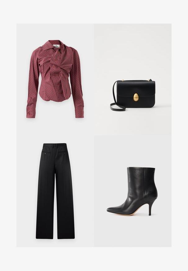 Red plaid shirt with long sleeves, a large collar, and an asymmetrical design. Features button closures and textured fabric with pleats.; Black wide-leg trousers featuring a flat front, two back pockets with buttons, and a smooth texture. Tailored design with a straight cut.; Black leather ankle boot with pointed toe, slim stiletto heel, and smooth texture. Minimalist design with no visible hardware or accents.; Black leather handbag with a structured rectangular shape. Features a golden oval clasp and a thin shoulder strap. Smooth texture.