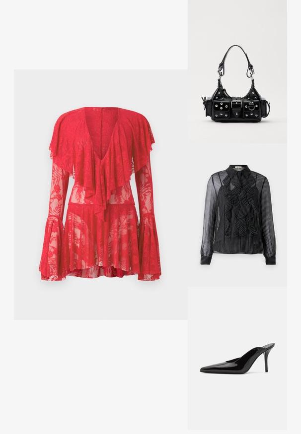 Black sheer blouse with vertical white stripes, ruffled front detail, long sleeves, and a standard collar. Soft texture with button closures.; Red lace dress featuring long flared sleeves, a deep V-neck, layered ruffles, and floral patterns. Sheer texture enhances its design.; Black patent leather high-heeled mule with a pointed toe and a sleek silhouette, featuring an open back and a slender stiletto heel.; Black leather handbag with a curved design, featuring silver studs, a buckle, and two side pockets. Adjustable strap for carrying options.