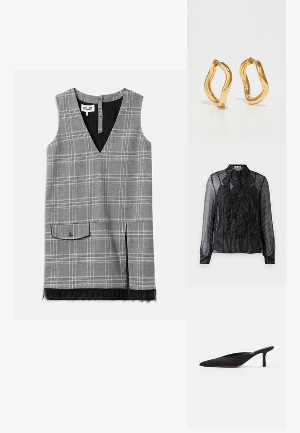 Must mustriline auk mustriline valged triibud, volangide eesmine detail, pikad varrukad ja tavaline krae. Pehme tekstuur ja nööbiga sulgemine.; Hall kleit hallide ruudustikega, ilma varrukateta, V-kaelusega, küljetaskuga ja pitsiga ääristatud alläär. Omab musta voodrit ja nööp sulgurit taga.; Mustad terava varbaga mool, millel on elegantne disain ja mis on valmistatud siledast kangast, sisaldab saledat kontsaga ja avatud tagumist osa mugavaks selga panemiseks.; Kuldse värvusega rõngaskõrvarõngad, millel on kõver, ebaregulaarne kuju ja sile, poleeritud pind. Ei ole nähtavat riistvara ega aktsente.