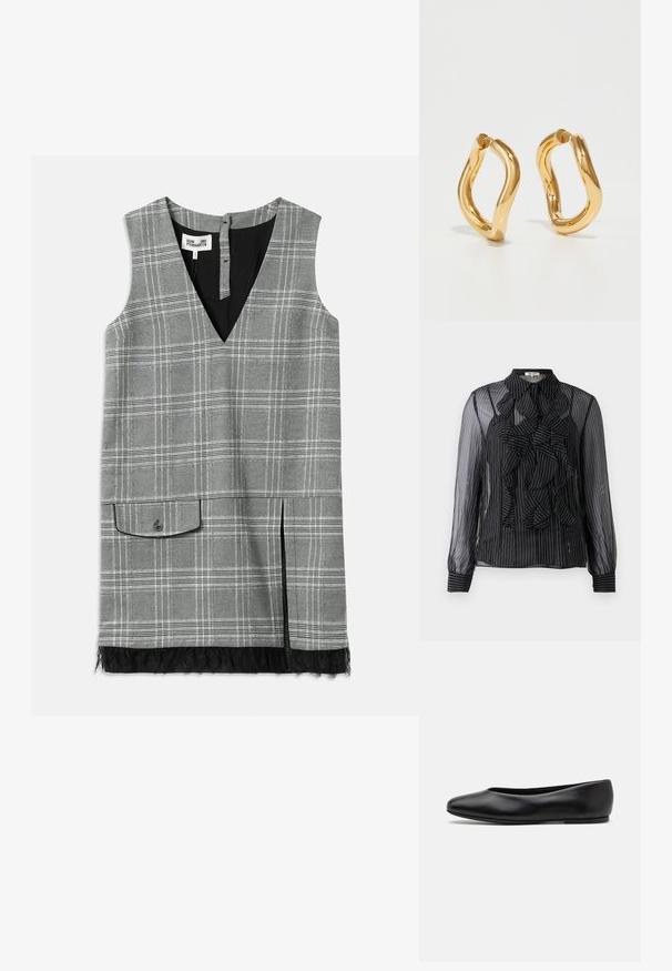 Schwarze durchsichtige Bluse mit vertikalen weißen Streifen, gerafftem Vorderdetail, langen Ärmeln und einem klassischen Kragen. Weicher Stoff mit Knopfverschluss.; Graham kariertes ärmelloses Kleid mit V-Ausschnitt, seitlicher Tasche und Spitze am Saum. Verfügt über ein schwarzes Futter und einen Knopfverschluss auf der Rückseite.; Paul Smith TOPANGA - Klassischer Ballerina - black; Goldfarbene Creolen mit einer kurvenreichen, unregelmäßigen Form und einer glatten, polierten Oberfläche. Keine sichtbaren Beschläge oder Accents.