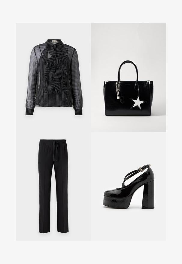 Camicia nera trasparente con righe verticali bianche, dettaglio frontale arricciato, maniche lunghe e colletto standard. Morbido al tatto con chiusure a bottone.; Pantaloni neri con vita elastica e cordino regolabile, caratterizzati da un taglio dritto e una texture liscia. Senza fantasie né accenti.; The Kooples CHAUSSURES - Decolleté - black; Borsa a tracolla in pelle verniciata nera con una forma elegante. Presenta accessori in metallo argentato, un lucchetto e un accento a forma di stella bianca sul lato.