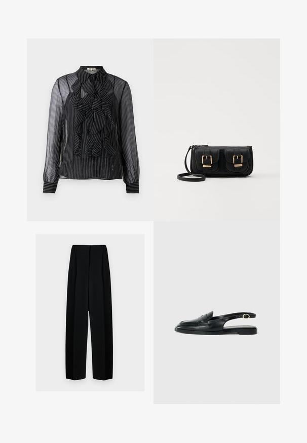 Sort gennemsigtig bluse med lodrette hvide striber, volangdetalje foran, lange ærmer og standard krave. Blød tekstur med knaplukninger.; Sorte vide benbukser med høj talje, der har læg og en glat tekstur. Stoffet virker let og falder elegant.; Sorte læder slingback sko med rund tå, flad sål, udskæring på siden og rem med guldfarvet hardwaredetalje.; Sort læder crossbody taske med to frontlommer, guldspænder, lynlåslukning og en slank rem. Struktureret overflade og kompakt rektangulær form.