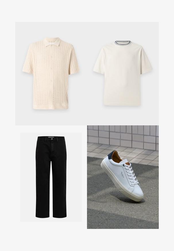 Korte mouw knoopshirt in lichtroom, met een gestructureerd breipatroon, een kraag en vijf knopen aan de voorkant.; Crème-kleurige katoenen t-shirt met korte mouwen, met een ronde halslijn die is accentueerd met marineblauwe en witte strepen. Soepele textuur, ontspannen pasvorm.; Zwarte denim broeken met een rechte pijp, klassieke vijf-pocket structuur en een knoopsluiting in de taille. Glad materiaal en duurzame stof.; Witte leren sneaker met een marineblauwe hiel, ronde neus en contrasterende bruin accent. Beschikt over platte veters en een gestructureerde rubberen zool.